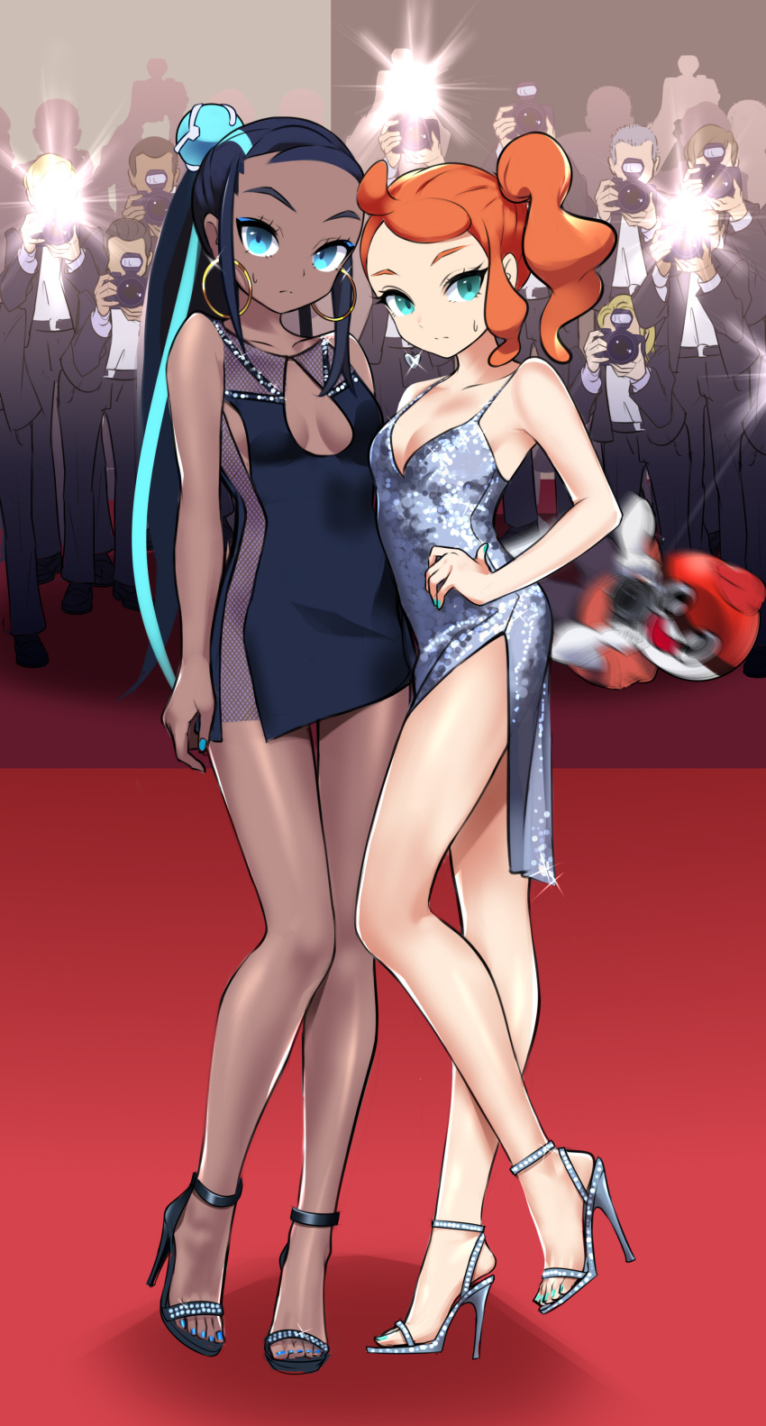 2girls 6+boys absurdres alternate_costume aqua_nails ball_guy_(pokemon) black_dress black_footwear blue_eyes blue_eyeshadow blue_hair blue_nails breasts camera chocolate_and_vanilla cleavage cleavage_cutout clothing clothing_cutout collarbone dark-skinned_female dark_skin dress earrings eyelashes eyeshadow fancy_clothing female female_focus glint green_eyes green_nails grey_dress grey_footwear gym_leader hair_bun hand_on_hip high_heels highres holding holding_camera hoop_earrings human jewelry legs long_hair looking_at_viewer makeup multicolored_hair multiple_boys multiple_girls nail_polish nessa_(pokemon) nintendo orange_hair pale_skin pokemon pokemon_ss red_carpet shiny shiny_skin short_dress side_ponytail side_slit sonia_(pokemon) sweatdrop taking_picture tm_(hanamakisan) toenail_polish two-tone_hair