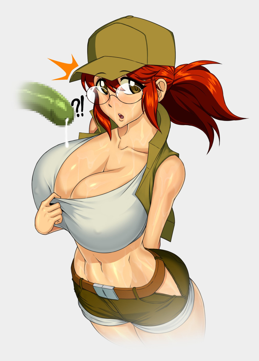 1boy 1girls big_breasts breasts cleavage female female_focus fio_germi glasses green_penis huge_breasts large_breasts looking_at_viewer male martian_(metal_slug) maruzyrukun metal_slug navel penis penis_lick ponytail red_hair shorts snk solo_focus staring_at_viewer straight surprised tank_top