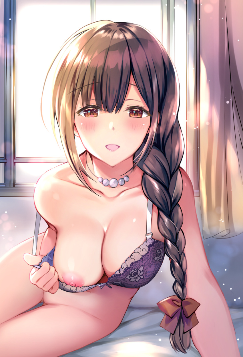 :d ass bangs bare_arms bare_legs bare_shoulders bedroom blush bow bow_bra bra bra_pull braid braided_ponytail breasts brown_eyes brown_hair cleavage clothes_pull collarbone curtains eyebrows_visible_through_hair female floral_print hair_over_shoulder hair_ribbon highres idolmaster idolmaster_shiny_colors jewelry kuwayama_chiyuki light_particles long_hair looking_at_viewer low-tied_long_hair necklace nipples no_panties on_bed open_mouth pearl_necklace purple_bow purple_bra red_ribbon rei_(rei's_room) ribbon sidelocks sitting sitting_on_bed smile solo underwear window yokozuwari