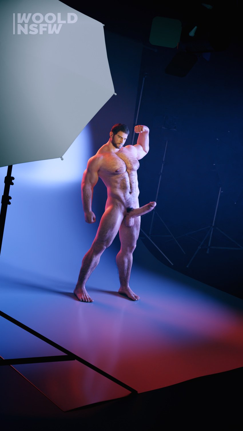 3d abs bara big_penis blender body_hair chris_redfield completely_naked erect_nipples erection flexing huge_cock male_only muscular pecs photographing posing resident_evil resident_evil_8:_village sfm solo_male wooldnsfw