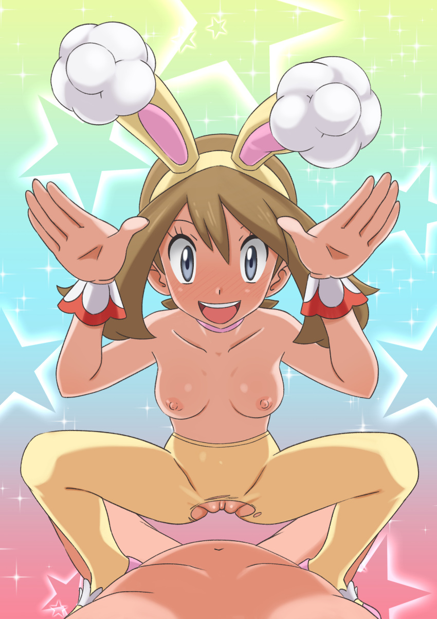 1boy 1girls :d absurdres animal_ears bangs blush breasts brown_hair bunny_ears bunny_pose choker clothed_female_nude_male collarbone commentary_request eyelashes fake_animal_ears female grey_eyes hairband hands_up highres may_(pokemon) miraa_(chikurin) nipples nude official_alternate_costume open_mouth pantyhose pink_choker pink_footwear pokemon pokemon_(game) pokemon_masters pokemon_masters_ex pussy shoes smile sparkle spread_legs spring_may_(pokemon_masters) squatting_cowgirl_position star_(symbol) straight tongue topless torn_clothes torn_legwear upper_teeth wrist_cuffs yellow_hairband yellow_legwear