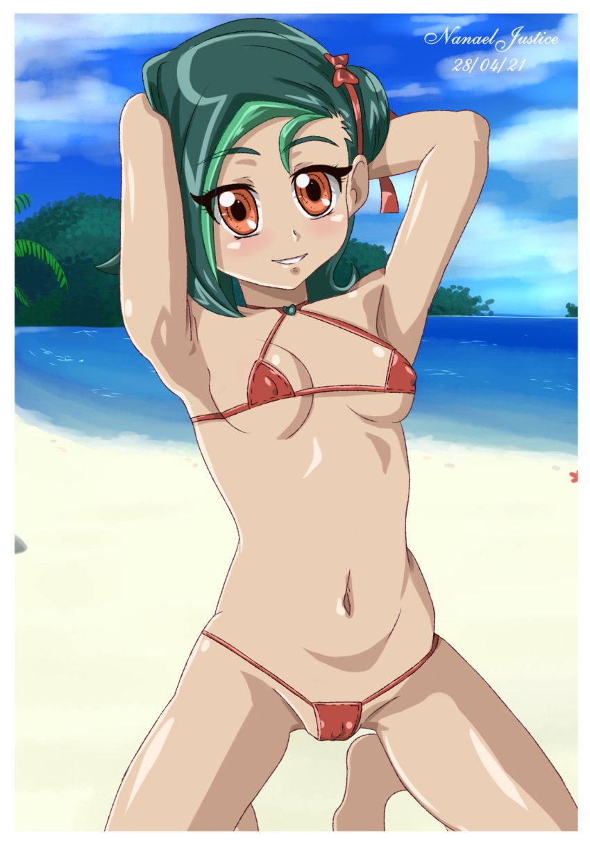 1girls 2021 armpits beach breasts female flat_chest kotori_mizuki looking_at_viewer micro_bikini nanaeljustice navel tori_meadows yu-gi-oh! yu-gi-oh!_zexal