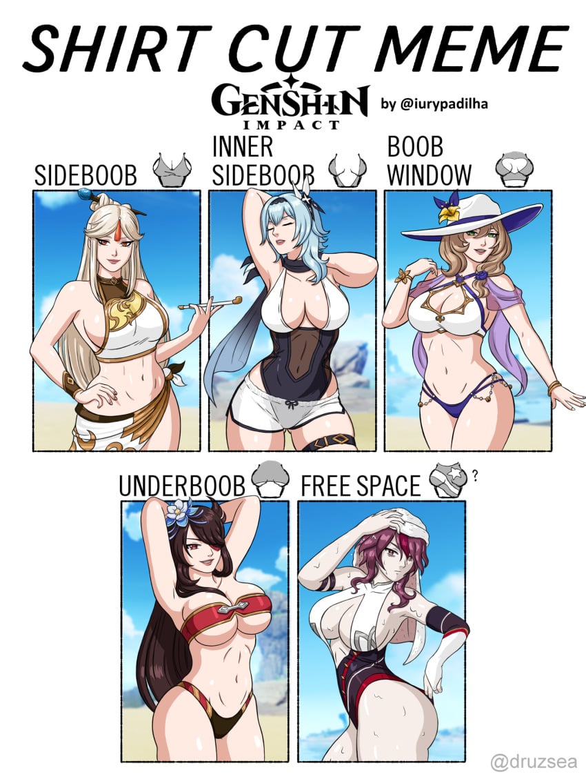 5girls abs armpits arms_up auburn_hair beidou_(genshin_impact) big_breasts bikini bikini_bottom bikini_top blue_hair boob_window bra breasts brown_hair cape cleavage cleavage_cutout closed_eyes clothed clothing eula_(genshin_impact) eye_patch female female_only fit fit_female genshin_impact green_eyes hair_between_eyes hair_flower hair_ornament hair_over_one_eye hand_on_head hat headwear hips holding_pipe human inner_sideboob iury_padilha kiseru large_breasts leotard light-skinned_female light_skin lisa_(genshin_impact) long_hair looking_at_viewer medium_hair meme midriff multiple_girls navel ningguang_(genshin_impact) nun one-piece_swimsuit pale-skinned_female pale_skin pipe purple_rose red_eyes red_hair rosaria_(genshin_impact) shirt_cut_meme short_hair shorts sideboob skirt smile smiling summer sun_hat swimsuit swimwear thick_thighs thighs toned toned_female towel towel_on_head tropical underboob very_long_hair water wet wet_skin white_hair