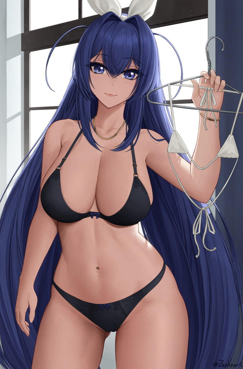 absurdres arm_up armpit_crease ass_visible_through_thighs azur_lane bikini black_bra black_panties blue_eyes blue_hair bow bow_bra bow_panties bra breasts cleavage clothes_hanger collarbone eyebrows_visible_through_hair female floral_print groin hair_intakes hairbow halter_top halterneck highres holding indoors large_breasts long_hair looking_at_viewer micro_bikini navel new_jersey_(azur_lane) panties rose_print sidelocks solo stomach swimsuit thighs toned twitter_username underwear underwear_only very_long_hair white_bikini white_bow window zaphn