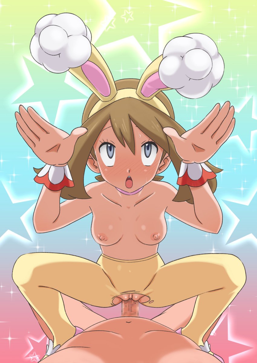 1boy 1girls absurdres animal_ears bangs breasts brown_hair bunny_ears bunny_pose censored choker clothed_female_nude_male collarbone commentary_request eyelashes fake_animal_ears female grey_eyes hairband hands_up highres may_(pokemon) miraa_(chikurin) mosaic_censoring nipples nude official_alternate_costume open_mouth pantyhose penis pink_choker pink_footwear pokemon pokemon_(game) pokemon_masters pokemon_masters_ex pussy rolling_eyes sex shoes small_breasts sparkle spread_legs spring_may_(pokemon_masters) squatting_cowgirl_position star_(symbol) straight sweat tongue topless torn_clothes torn_legwear upper_teeth vaginal_penetration wrist_cuffs yellow_hairband yellow_legwear