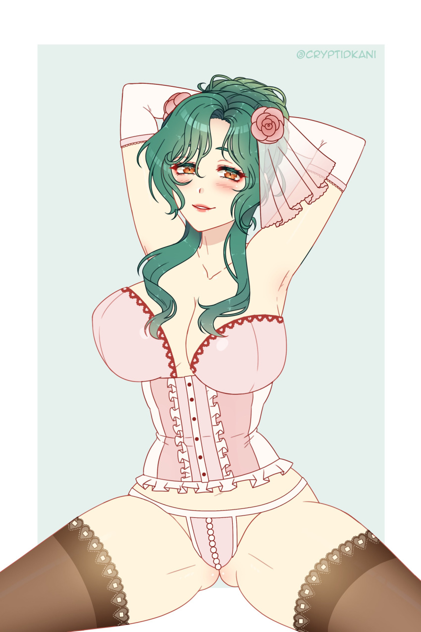 1girls alternate_costume armpits arms_behind_head bare_thighs bridal_veil bride bustier cleavage corset cryptid_crab elbow_gloves elincia_ridell_crimea fire_emblem fire_emblem:_path_of_radiance fire_emblem:_radiant_dawn gloves green_hair large_breasts lingerie looking_at_viewer medium_hair nintendo orange_eyes panties pink_panties pose see-through smile solo solo_female spread_legs thick_thighs thighhighs veil