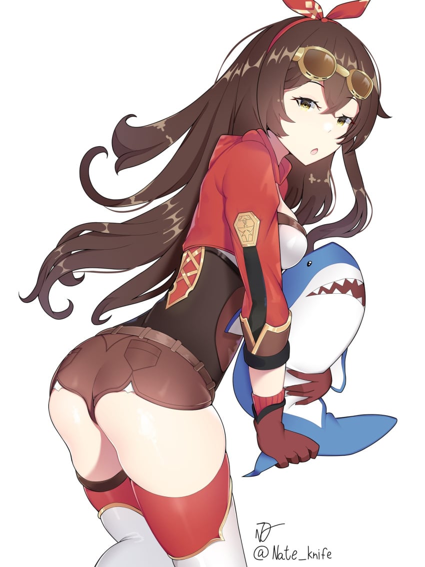 1girls amber_(genshin_impact) ass boots brown_hair female female_only genshin_impact light-skinned_female light_skin long_hair looking_back natatheknife shorts solo thick_thighs thigh_boots