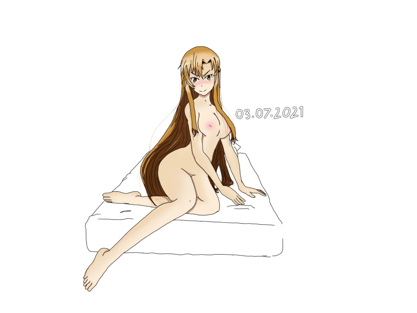 1girls 2021 artist_request bed breasts brown_eyes brown_hair character commission female female_only full_body invite nude orange_hair original_character outside solo sword_art_online tagme yuuki_asuna