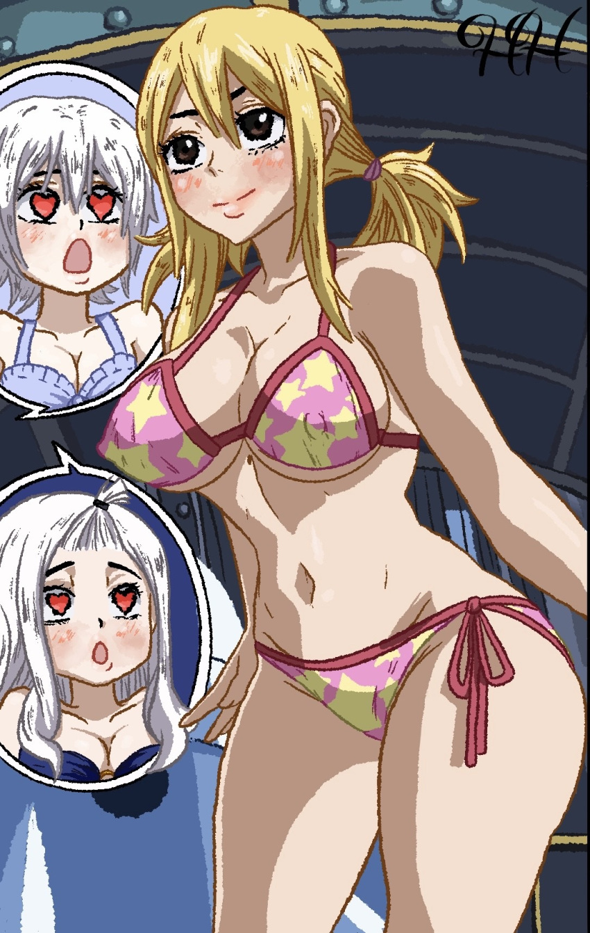 big_breasts bikini blonde_hair fairy_tail female female_only heart-shaped_pupils henryhorny0 light-skinned_female light_skin lisanna_strauss lucy_heartfilia mirajane_strauss sisters white_hair yuri