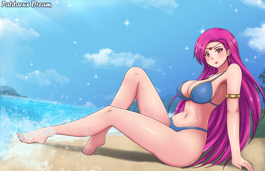 1girls alternate_costume barefoot beach bikini blue_bikini blue_swimsuit bracelet breasts brunnya_(fire_emblem) cleavage feet female fire_emblem fire_emblem:_the_binding_blade fire_emblem:_the_blazing_blade high_resolution jewelry lipstick long_hair makeup navel nintendo ocean patdarux pink_eyes pink_hair solo solo_female summer swimsuit thick_thighs thighs wet