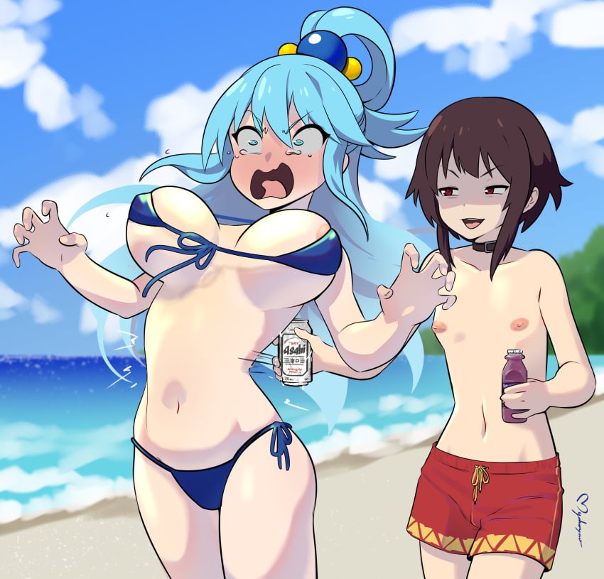 2girls aqua_(konosuba) aqua_face beach bikini blue_hair bouncing_breasts brown_hair funny kono_subarashii_sekai_ni_shukufuku_wo! large_breasts male_swimwear_challenge megumin mens_swimsuit_challenge myahogao ponytail small_breasts tears tiny_breasts topless water wide_eyed yuri