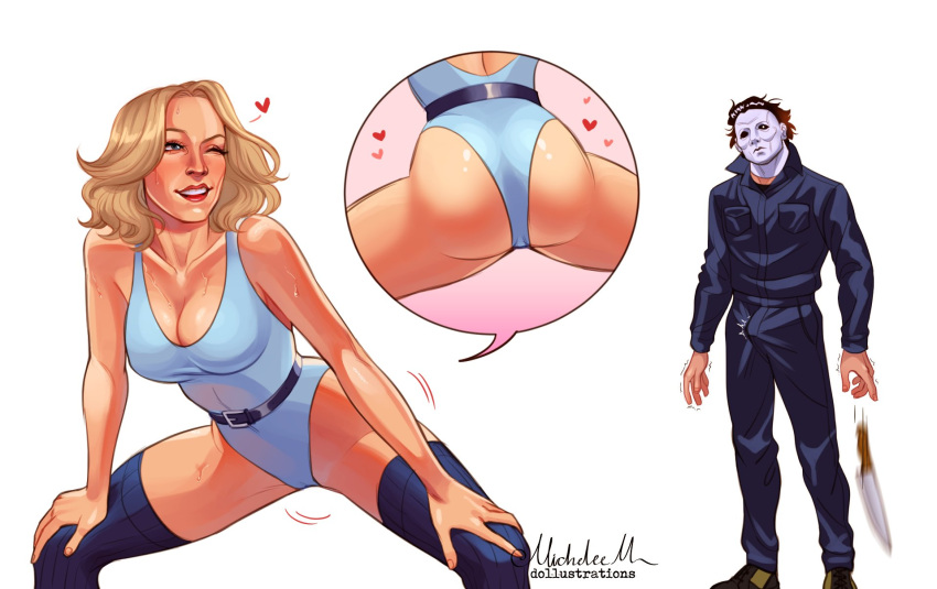 1boy 1girls blonde_hair brown_hair come_hither dbd dead_by_daylight dollustrations female halloween_(series) heart hockey_mask knife laurie_strode leotard male mask michael_myers presenting serial_killer thighhighs