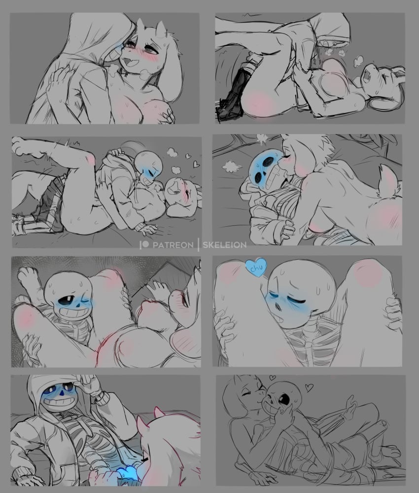 1boy 1girls animated_skeleton anthro anthro_penetrated blush breast_grab breath chubby chubby_female clothed clothed_male clothed_male_nude_female female female_anthro furry goat happy kiss licking_leg male male/female missionary_position monochrome naked nude nude_female sans sex skeleton straight straight_sex tagme thigh_kiss toriel undertale