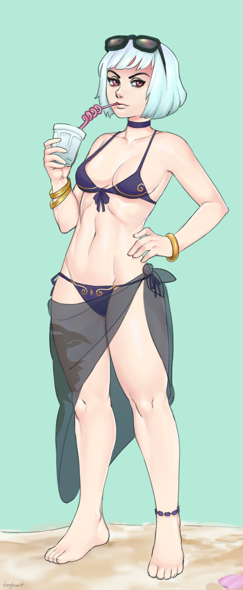 1girls barefoot bikini blue_bikini blue_hair blue_swimsuit choker cleavage dmgboost drinking feet fire_emblem fire_emblem_echoes:_shadows_of_valentia fire_emblem_gaiden light_blue_hair looking_at_viewer medium_breasts red_eyes sarong see-through silque_(fire_emblem) solo solo_female source_request swimsuit toes veil