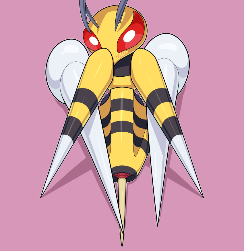 2021 beedrill blush bodily_fluids cloaca female feral hi_res highres looking_at_viewer mega_beedrill pink_background pokemon pokemon_focus pokemon_rgby pokemon_xy presenting red_eyes simple_background solo solo_female stinger sweat video_games wasp zeamaeri