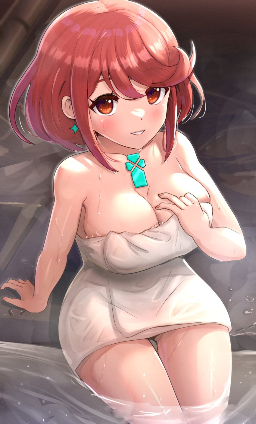 1girls 2021 arm_support armpit_crease bangs bare_legs bath bathing blush blushing_at_viewer breasts core_crystal detailed_background earrings feet_out_of_frame female female_focus female_only gonzarez hand_on_chest hi_res hot_spring huge_breasts looking_at_viewer looking_up nail_polish nintendo outdoor_bathing outdoors painted_nails pyra red_eyes red_hair short_hair sitting smile smiling_at_viewer swept_bangs thick_thighs thigh_gap thighs towel towel_only viewed_from_above water wet wet_body white_towel xenoblade_(series) xenoblade_chronicles_2