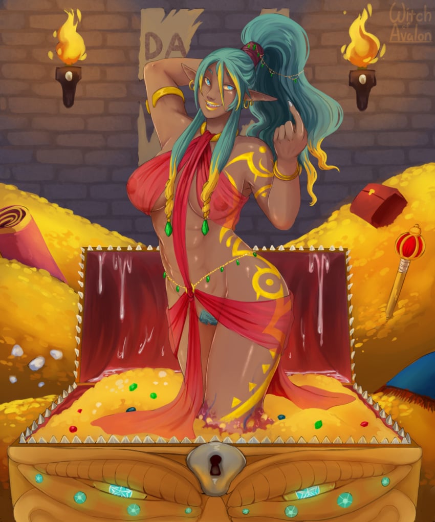 1girls beckoning belly_dancer belly_dancer_outfit blonde_hair bocas_top brainwashing chest corruption dancer dancer_outfit dark-skinned_female female green_hair harem_girl harem_outfit large_breasts mimic_chest multicolored_hair pointy_ears ponytail see-through_top witchofavalon