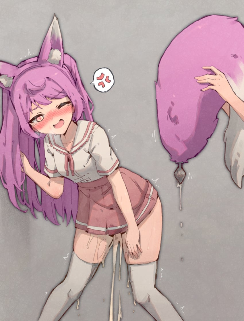 against_wall anger_vein animal_ear_fluff animal_ears annoyed bangs blush breasts buttplug buttplug_tail clothing commentary_request disembodied_limb embarrassed eyebrows_visible_through_hair fake_animal_ears fake_tail female fox_ears fox_tail frilled_shirt frills grey_background grey_legwear half-closed_eye hand_up highres holding_tail leaning_forward long_hair miniskirt neck_ribbon nose_blush one_eye_closed open_mouth orange_eyes original peeing peeing_self pink_hair pink_neckwear pink_ribbon pink_skirt pleated_skirt ribbon rune_(pixiv_25170019) school_uniform sex_toy shiny shiny_hair shirt shirt_tucked_in short_sleeves sidelocks simple_background skindentation skirt small_breasts solo_focus speech_bubble spoken_anger_vein standing stockings sweat tail tail_removed tears thighhighs tied_hair trembling two_side_up urine wet wet_clothes white_shirt wince zettai_ryouiki