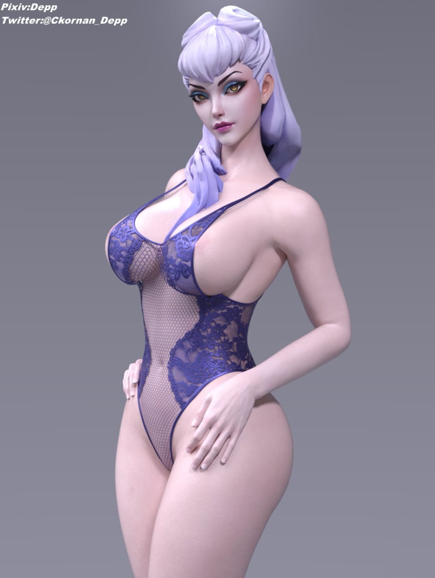 3d big_breasts depp_(artist) evelynn female k/da_all_out_evelynn k/da_all_out_series league_of_legends thick_thighs white_hair yellow_eyes