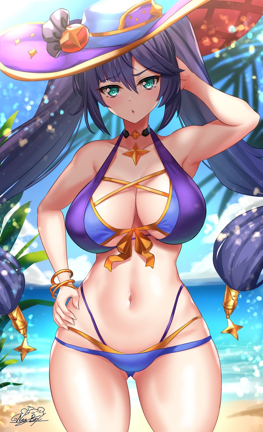 1girls 2021 alternate_breast_size alternate_version_available arm_up ass_visible_through_thighs bangles bare_legs beach belly_button bikini black_hair blue_eyes blue_sky blurry_background blush breasts choker female female_focus female_only genshin_impact hair_ornament hand_in_hair hand_on_hip hat hi_res highleg_bikini hips jewelry large_breasts large_hat long_hair looking_at_viewer mona_(genshin_impact) multicolored_bikini nez-box open_mouth outdoors sand shade slim_waist standing sun_hat thick_thighs thighs tree twintails wide_hips