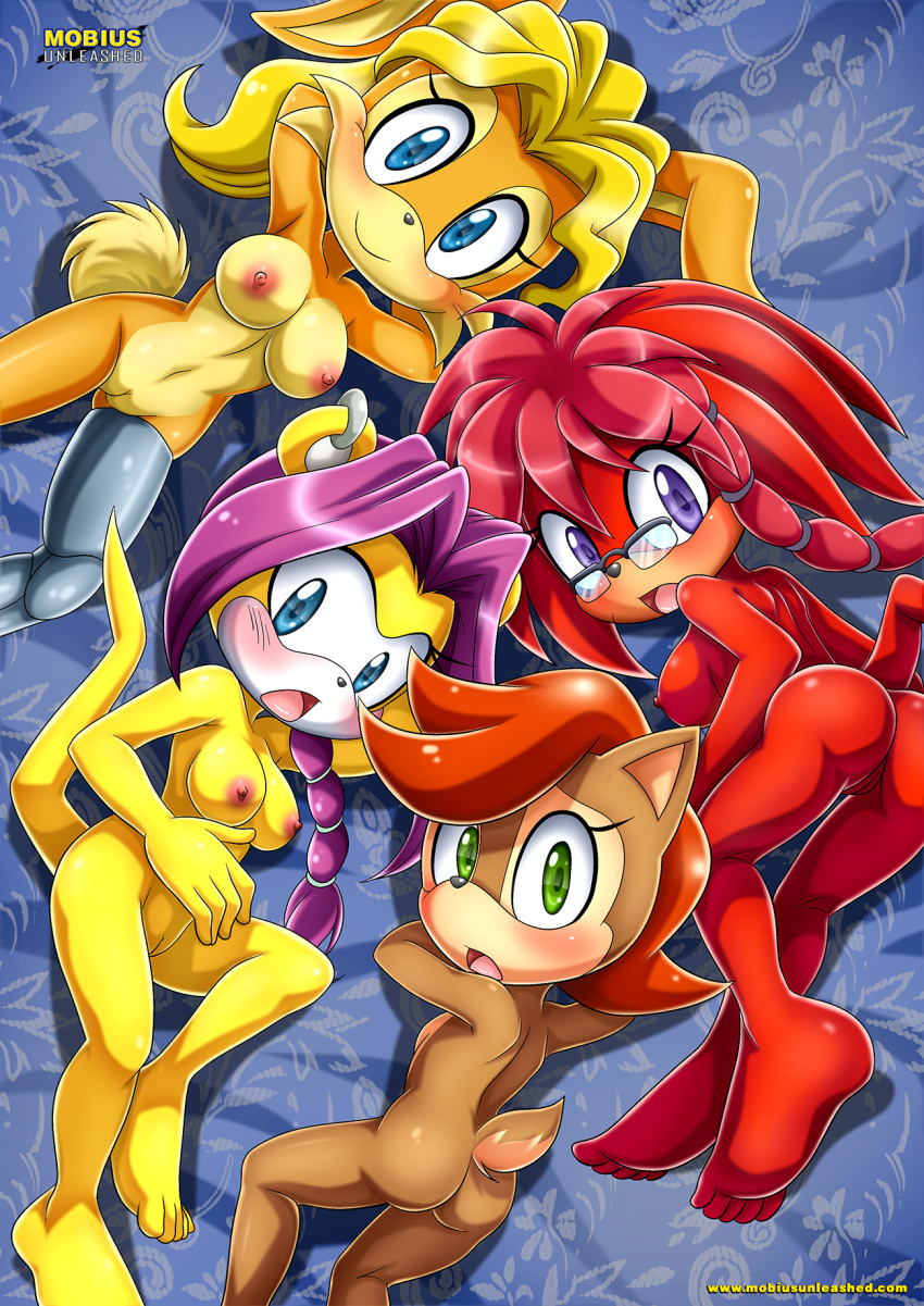 4girls ass_up bbmbbf belle_d'coolette blue_eyes blush breasts glasses green_eyes lara-su large_breasts lying_on_back lying_on_side melody_prower mobius_unleashed multiple_girls naked purple_eyes pussy shocked smiling sonia_acorn sonic_(series) sonic_the_hedgehog_(series)