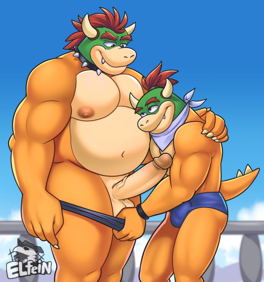 2boys aged_up artist_name bara bowser bowser_jr. duo elfein erection father father_and_son gay grown_up handkerchief incest koopa male male/male male_only mario_(series) nintendo penis rather red_hair son