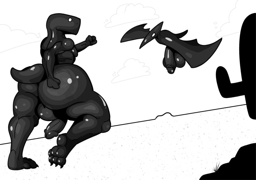 2021 anthro ass balls big_butt big_penis cactus dinosaur dinosaur_(google_chrome) dogmanart duo erection flaccid genitals google google_chrome hi_res humanoid_genitalia humanoid_penis jojo_reference male male_only monochrome nude penis plant pterodactyl_(google_chrome) pterosaur reptile scalie simple_background tagme theropod thick_thighs tyrannosaurid tyrannosaurus tyrannosaurus_rex video_games