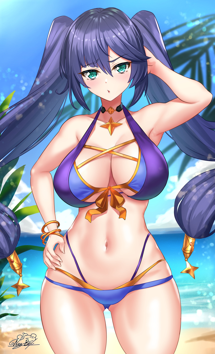 1girls 2021 alternate_breast_size alternate_version_available arm_up ass_visible_through_thighs bangles beach belly_button bikini black_hair blue_eyes blue_sky blurry_background blush breasts choker female female_focus female_only genshin_impact hair_ornament hand_in_hair hand_on_hip hi_res highleg_bikini hips jewelry large_breasts long_hair looking_at_viewer mona_(genshin_impact) multicolored_bikini nez-box no_hat open_mouth outdoors sand slim_waist standing thick_thighs thighs tree twintails wide_hips