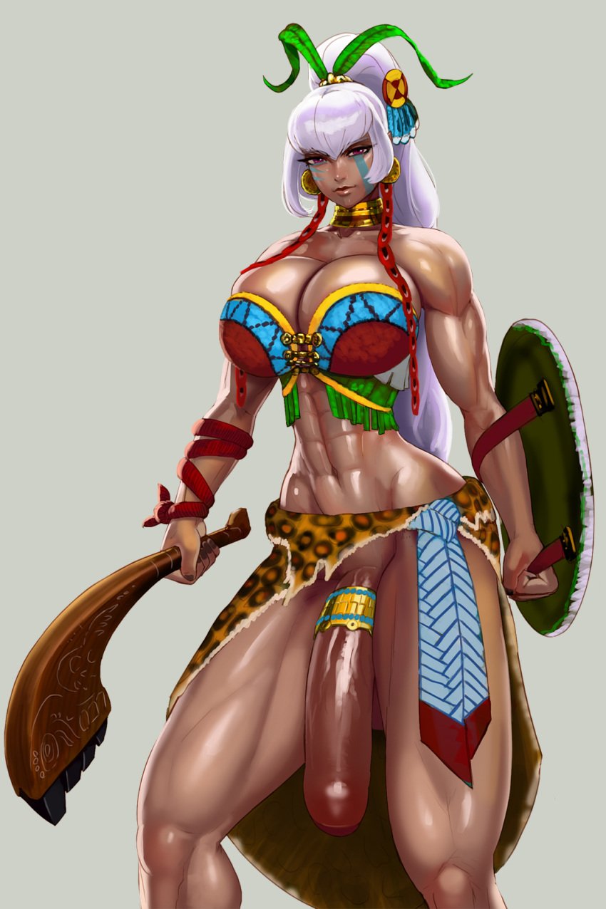 1futa abs aka6 aztec biceps big_breasts bottomless bra breasts busty cleavage clothed clothing cock_ring facial_markings flaccid foreskin futa_only futanari glans-peek gold_cock_ring hair_ornament holding_shield holding_weapon huge_cock human large_breasts leopard_print long_hair long_white_hair macuahuitl mostly_nude muscles muscular muscular_futanari muscular_shoulders muscular_thighs navel original original_character penis penis_to_the_knees ponytail shield shiny_skin solo standing talaxuica_(aka6) tribal tribal_markings uncut weapon white_hair