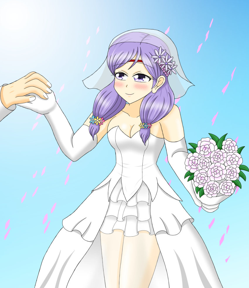 1girls alternate_costume bare_shoulders bare_thighs blush bouquet bridal_veil bride cleavage cute fire_emblem fire_emblem:_path_of_radiance fire_emblem:_radiant_dawn flower hair_flower hand_holding holding_hands ilyana_(fire_emblem) long_hair medium_breasts nintendo purple_eyes purple_hair rariochu4 smile solo_female solo_focus veil wedding_dress