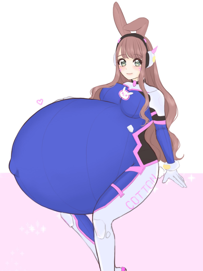 1girls bodysuit cosplay d.va d.va_(cosplay) female female_only huge_belly hyper_belly hyper_pregnancy overwatch pregnant purinpaw ready_to_pop solo