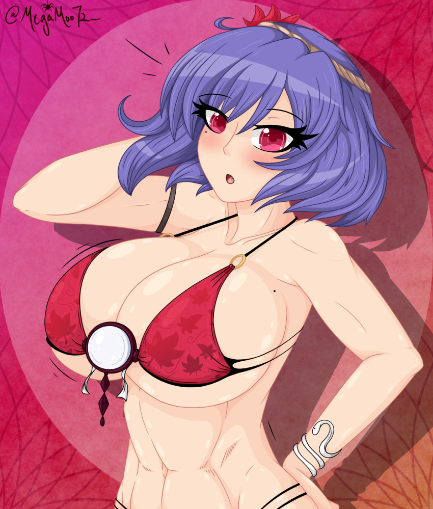 1girls abs bikini blue_hair blush breasts cleavage collarbone female female_only hand_behind_head hand_on_hip kanako_yasaka large_breasts looking_at_viewer megamoo mole mole_on_breast mole_under_eye muscular_female navel pink_hair solo surprised swimsuit touhou twitter_username