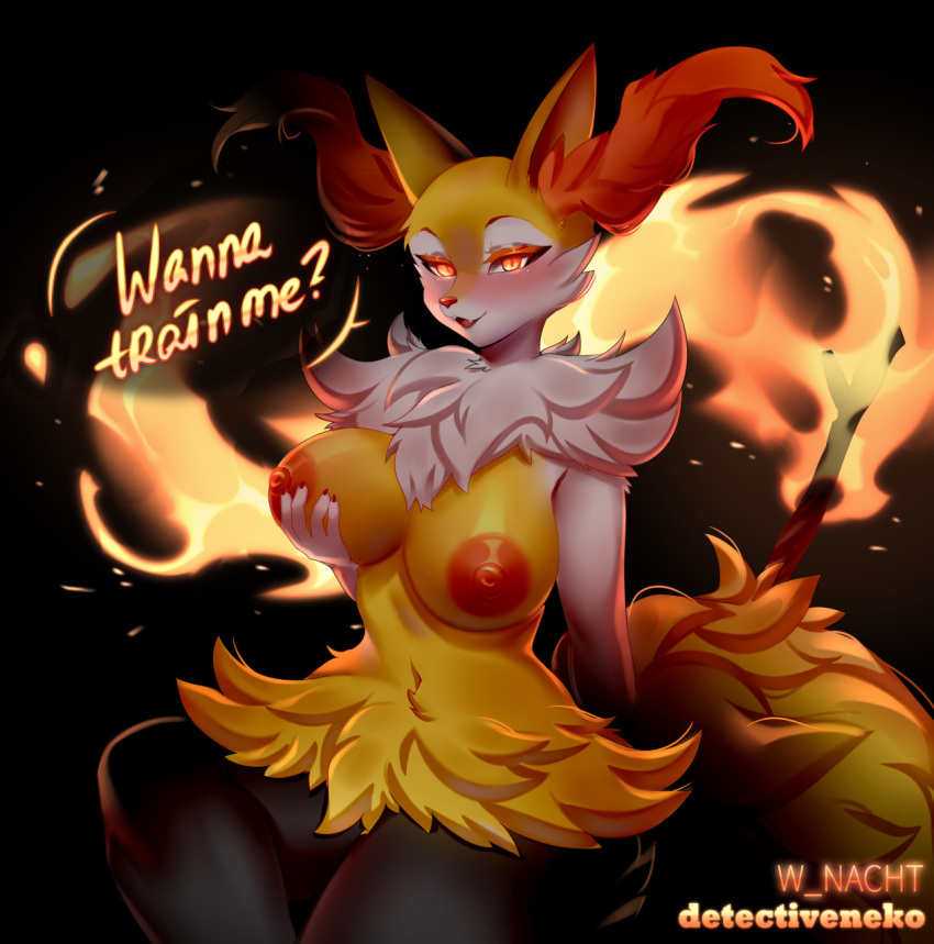 anthro big_breasts braixen breast_grab breasts canid detectiveneko dialogue female fire fluffy fluffy_tail fur glowing glowing_eyes hand_on_breast hi_res inner_ear_fluff looking_at_viewer mammal neck_tuft nintendo nipples nude pokémon_(species) pokemon pokemon_(species) sitting solo stick tuft video_games winter_nacht yellow_body yellow_fur