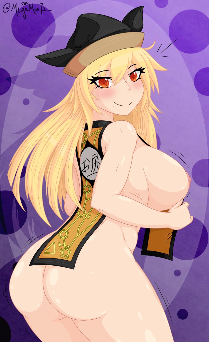 1girls ass blonde_hair breasts female_only hat large_ass large_breasts long_hair looking_at_viewer looking_back megamoo mole mole_under_mouth naked_tabard nipples nude okina_matara orange_eyes shiny_skin sideboob smile solo standing tabard touhou twitter_username