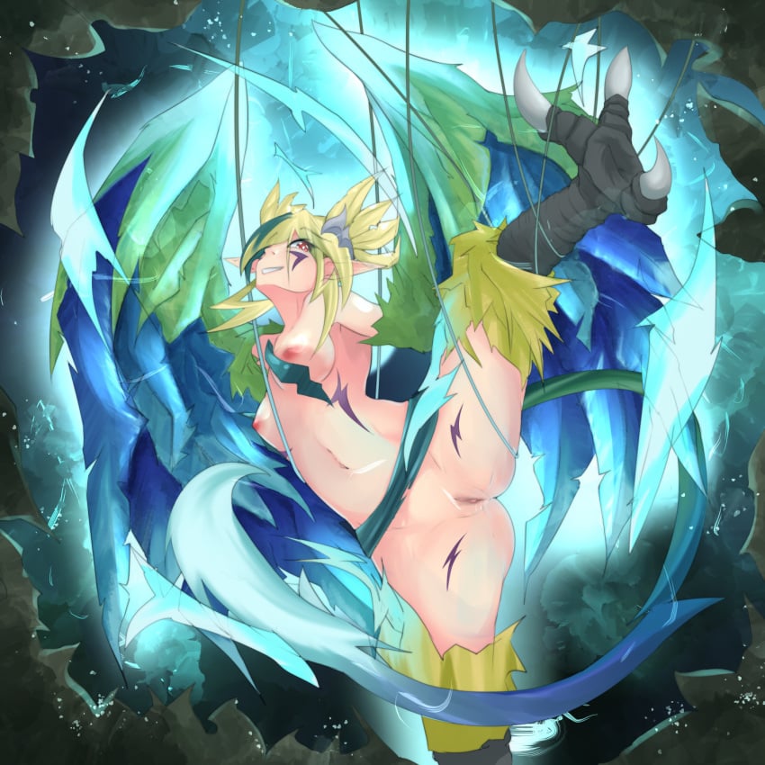 bird_legs blonde_hair blue_feathers blue_wings body_markings breasts electricity eyebrows_visible_through_hair facial_mark feathered_wings feathers female green_feathers green_hair harpy highres monster_girl monster_girl_encyclopedia multicolored_hair nanostar navel nipples nude pointy_ears pussy pussy_juice red_eyes small_breasts solo spread_legs tail talons thunderbird_(monster_girl_encyclopedia) two-tone_hair winged_arms wings