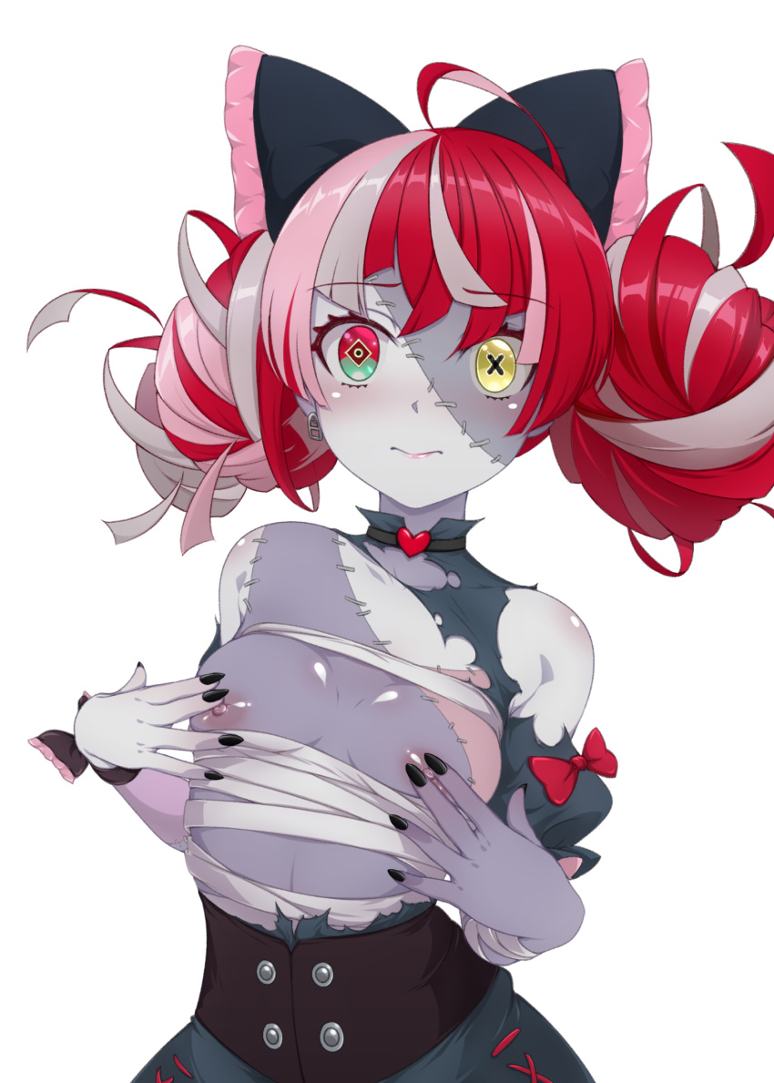 1girls artist_request breasts hololive hololive_indonesia kureiji_ollie p-nekoe patchwork_skin red_hair simple_background small_breasts virtual_youtuber white_background zombie zombie_girl