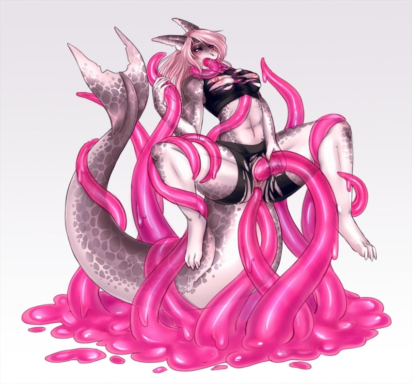 abs anal anal_sex anthro athletic athletic_female blush bottomwear bra breasts claws clothing female fish hair held_up holding_tentacle marine navel nipples non-mammal_breasts notched_ear oral oral_penetration penetration pink_hair pink_tentacles sex shark sharp_claws sharp_teeth shorts simple_background solo sports_bra spots teeth tentacle tentacle_in_ass tentacle_in_mouth tentacle_in_pussy tentacle_penetration tentacle_sex tentacles torn_bottomwear torn_bra torn_clothing torn_shorts underwear vaginal_penetration zeveth