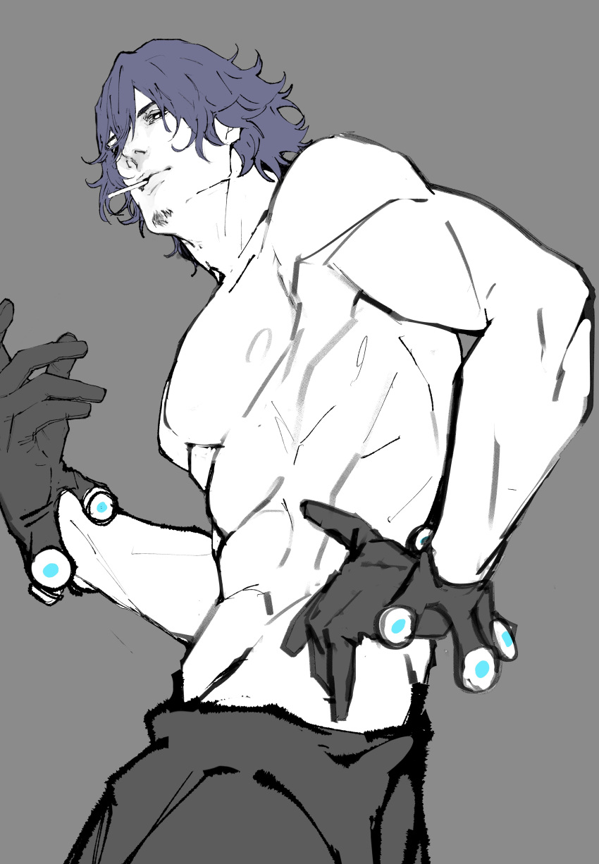 cigarette facial_hair gantz gloves goatee hand_on_hip kazuo_kuwabara latex_gloves latex_suit looking_at_viewer low-angle_view male male_only muscular muscular_male restricted_palette sketch smoking topless topless_male