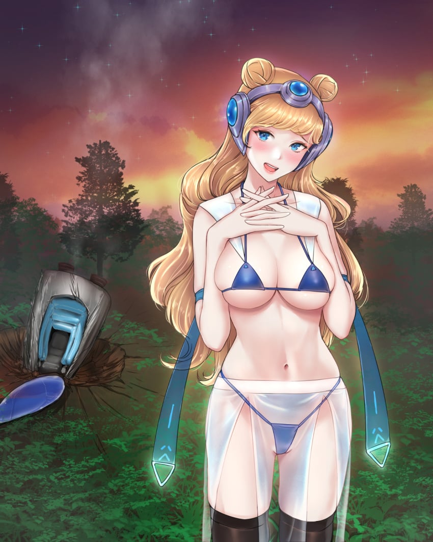 astronaut big_breasts blonde_hair blue_eyes blush breasts female female_only large_breasts league_of_legends luxanna_crownguard pingya pose revealing_clothes skimpy skimpy_clothes smile solo solo_female space_groove_lux space_groove_series