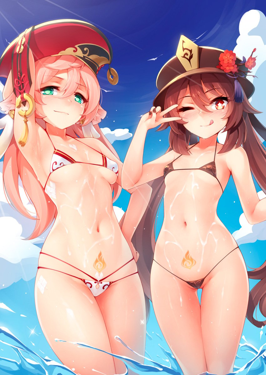 2girls ;q arm_up armpits bangs bikini blue_sky blush breasts brown_bikini brown_hair brown_nails cloud collarbone cum cum_on_body day flower genshin_impact green_eyes hair_between_eyes halter_top halterneck hat hat_flower highres horns hu_tao_(genshin_impact) kerasu long_hair looking_at_viewer micro_bikini multiple_girls nail_polish navel one_eye_closed outdoors pink_hair pubic_tattoo red_eyes red_flower red_headwear ricegnat skindentation sky small_breasts smile string_bikini swimsuit symbol-shaped_pupils symbol_commentary tattoo tongue tongue_out twintails underboob v very_long_hair wading water white_bikini yanfei_(genshin_impact)