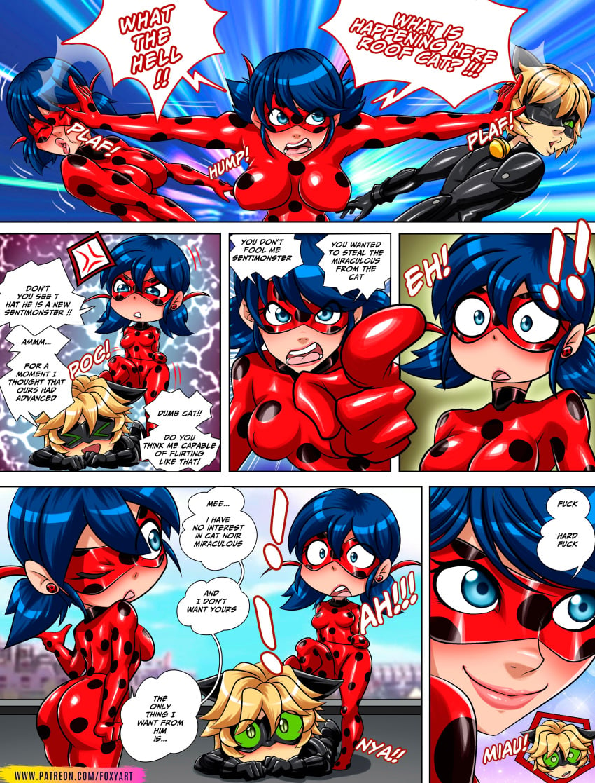 2girls adrien_agreste bodysuit broken_english cat_noir color colored comic dual_persona female foxyart ladybug_(character) male marinette_cheng marinette_dupain-cheng miraculous_ladybug shiny_clothes tagme text