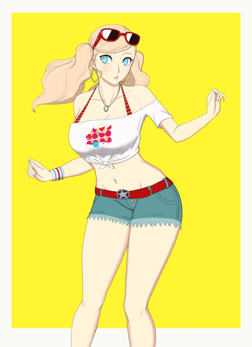 ann_takamaki big_ass big_breasts bikini blonde_hair blue_eyes booty_shorts breasts cleavage eyewear_on_head fat_ass large_breasts nahone_peko persona persona_5 sunglasses sunglasses_on_head swimsuit teenager thick_thighs thin_waist tongue twintails