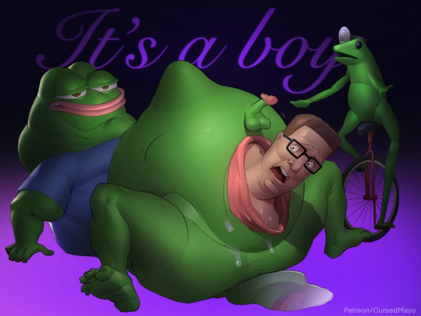 3boys anal_juice anal_vore birth brown_hair cursedmayo dat_boi doctor frog full_body funny gaping_anus glasses gradient_background green_dick green_hair hank_hill human king_of_the_hill male_only meme penis pepe_the_frog shocked_expression simple_background smug smug_face spread_legs t-shirt tagme testicles uncensored unicycle vore what wtf