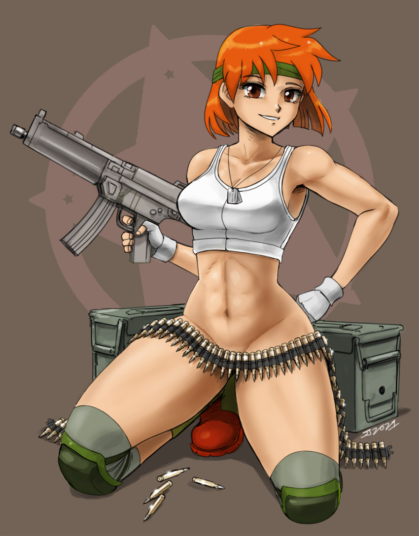 1girls advance_wars ammo_belt boots bottomless bullet convenient_censoring female female_only gloves gun headband john_joseco knee_pads kneeling orange_hair red_eyes redhead sami sami_(advance_wars) short_orange_hair smile solo sports_bra teeth toned toned_female weapon