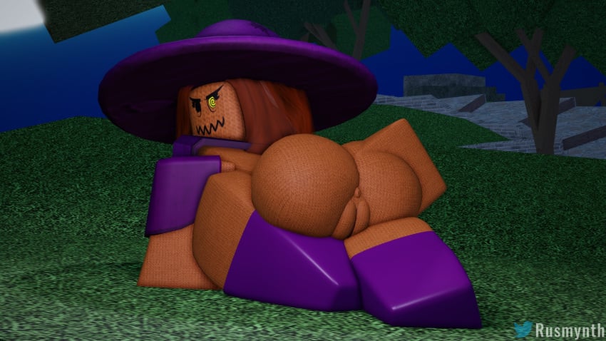 1girls 3d anus arsenal_(rolve) ass bent_over big_ass black_eye bottomless brown_hair brown_skin female female_only grass hand_on_ass hat heterochromia legwear long_hair looking_at_viewer mostly_nude on_knees outside purple_clothing purple_hat purple_legwear purple_shirt purple_sleeves pussy roblox robloxian rolve rusmynth scarecrow_(rolve) shirt_up sleeves solo solo_female straight thighs tree twitter_username yellow_eye