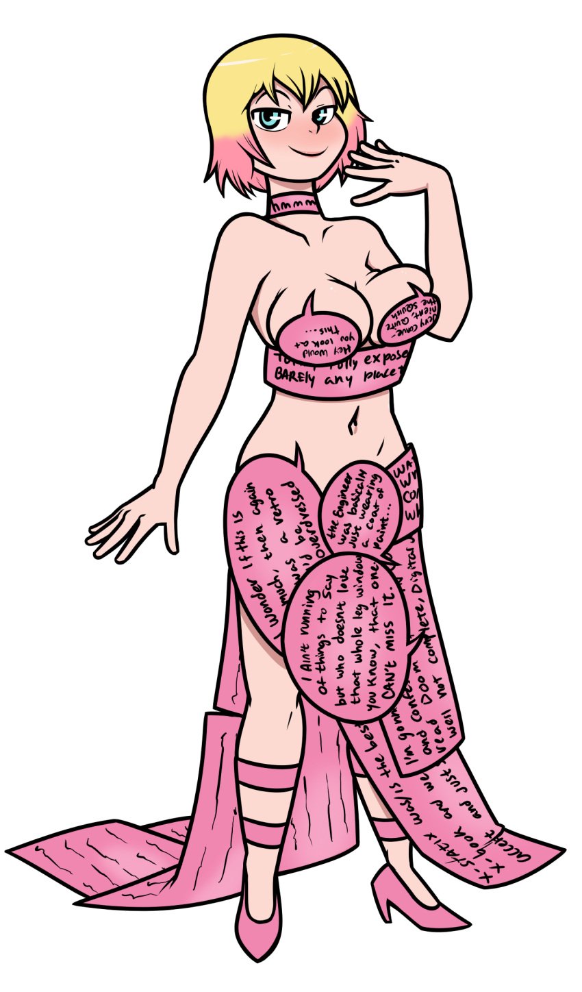 1girls bare_arms bare_shoulders big_breasts blonde_hair blue_eyes blush choker cleavage dress english_text facing_viewer female female_focus female_only full_body gwen_poole gwenpool gwenpool_(series) hand_up hellfire_gala high_heels looking_at_viewer marvel marvel_comics medium_breasts midriff navel no_bra pink_choker pink_footwear pink_hair pink_heels pink_highlights pink_shoes pumps short_hair side_slit simple_background solo speech_bubble standing superheroine terrible_the_drawfag text text_bubble two-tone_hair two_tone_hair white_background word_bubble