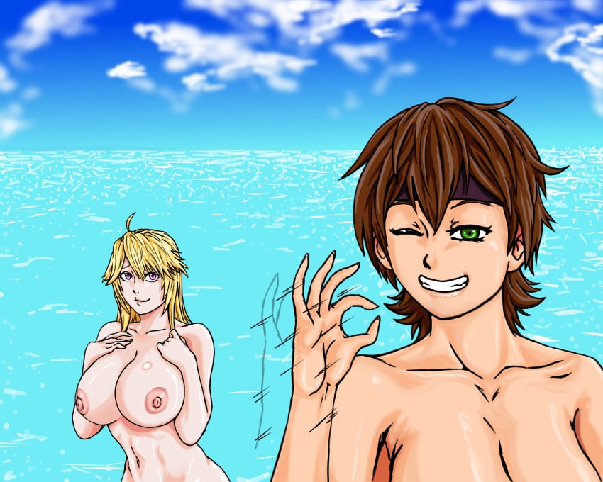 beach big_breasts blonde_hair brown_hair ero-kami green_eyes hand_sign naked original_character purple_eyes sea short_hair shy smile