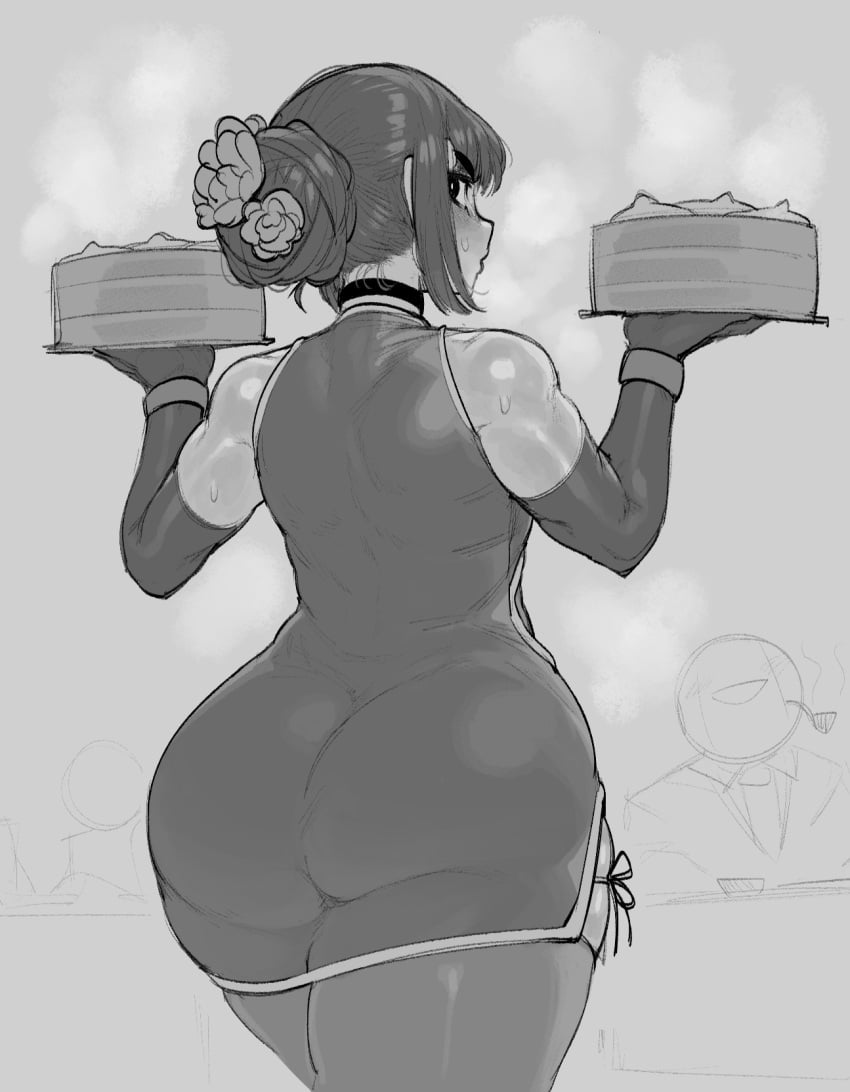 ambiguous_gender arm_gloves ass ass_focus big_ass blushing bottom_heavy chinese_clothes chinese_dress choker dual_hair_buns hair_buns huge_ass krekk0v looking_at_viewer looking_back monochrome short_dress skindentation solo sweating thick_thighs tight_clothing tight_dress waitress