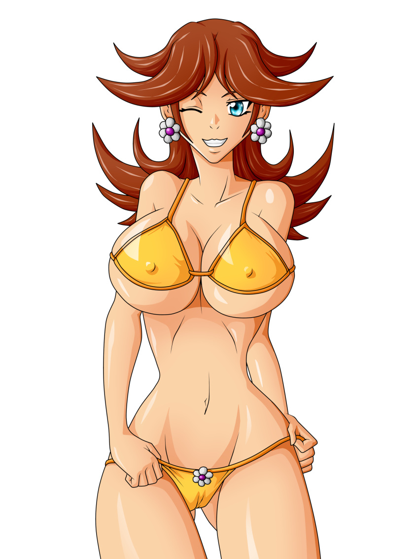 1girls belly_button big_thighs bikini blue_eyes breasts brown_hair cleavage curvy earrings female female_only flower_earrings front_view light-skinned_female light_skin looking_at_viewer mario_(series) nintendo nipple_bulge one_eye_closed pinup princess_daisy shoulder_length_hair smile solo solo_female thick thick_hips thick_thighs thighs transparent_background war-off-evil wide_hips yellow_bikini