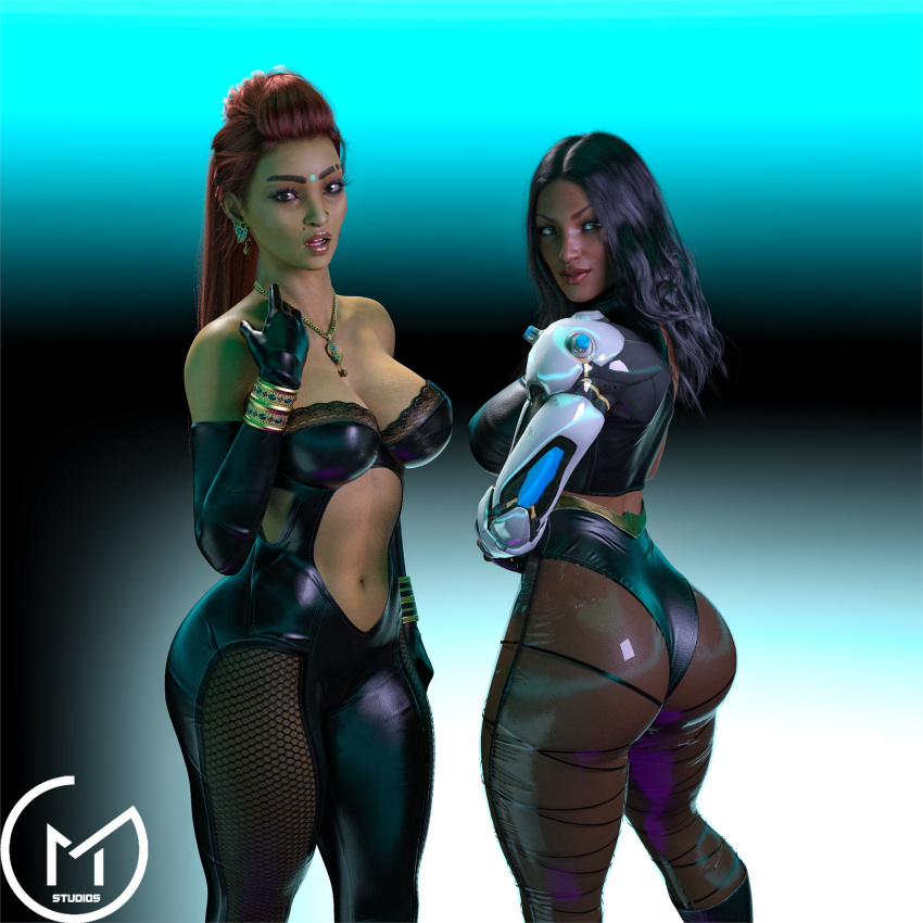 2girls 3d apex_legends ass back_view beauty_mark big_ass bindi black_hair cleavage clothed crossover dark-skinned_female dark_skin duo earrings elbow_gloves female female_only gm_studios indian indian_female lipstick long_hair looking_at_viewer navel navel_cutout necklace overwatch parted_lips ponytail rampart_(apex_legends) red_hair revealing_clothes see-through_clothing smile symmetra thick_eyebrows thick_thighs tied_hair transparent_clothing